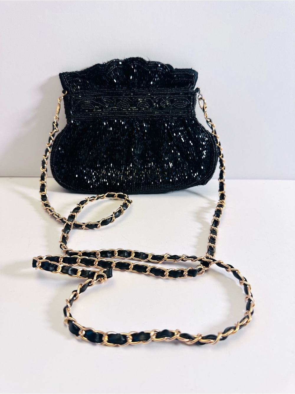 Vintage DeLill Midnight Glamour Beaded Crossbody | Black & Gold Elegance
